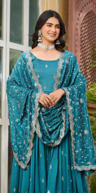 Ram 097 Blue Vichitra Silk Gown with Embroidery Work. Wedding, Party, Festive, Events Affordable Price ₹2549. Delivery 4-6 Working Days. Shop now. | Bollywood Gowns, Creative Gowns, Designer Gowns, Embroidered Gowns, Gowns, Party Wear Gowns