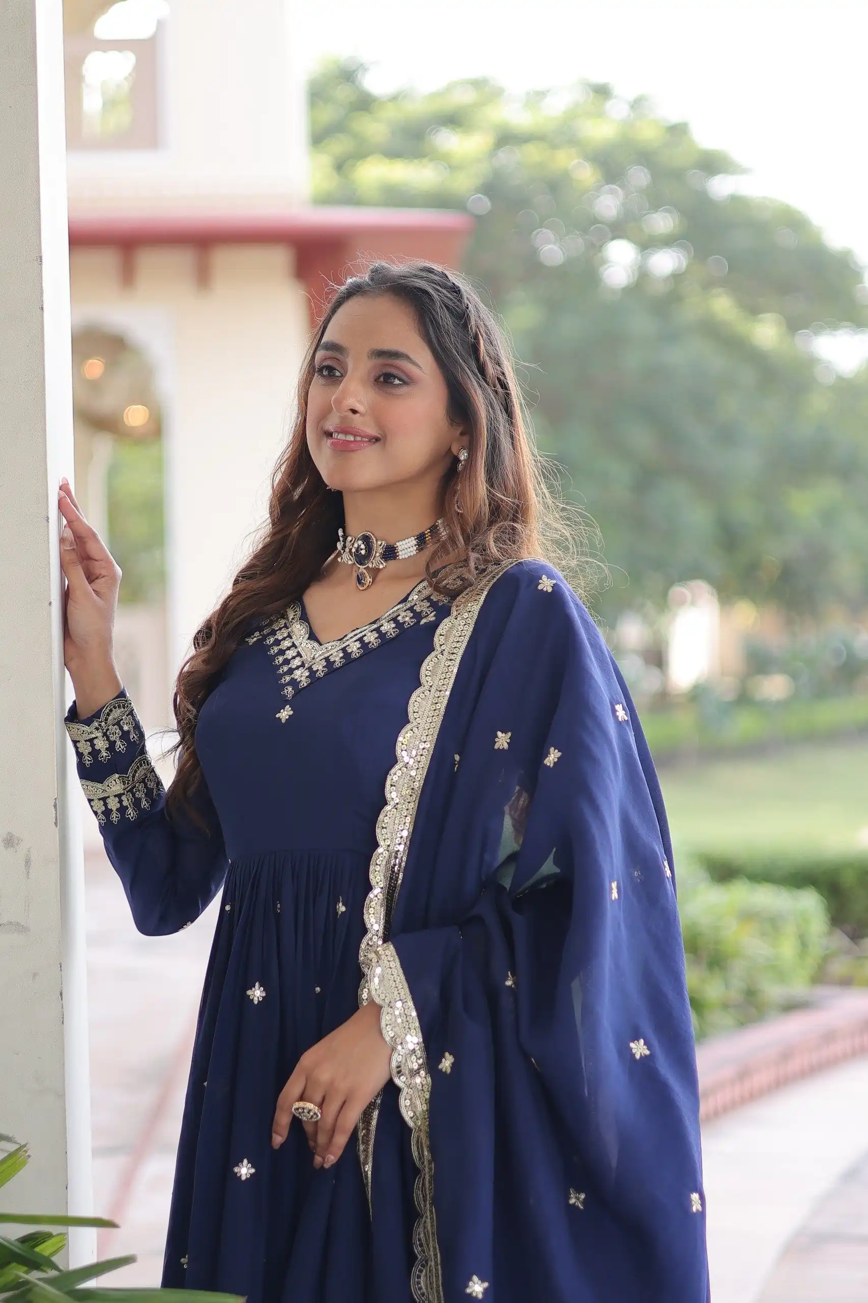 KA 1214 Blue Vichitra Silk Gown Perfect for Wedding, Party, Lohri, Onam, Festival Celebrations – . Grab it for ₹2449. Delivery 4-6 Working Days. | Bollywood Gowns, Creative Gowns, Designer Gowns, Embroidered Gowns, Gowns, Party Wear Gowns