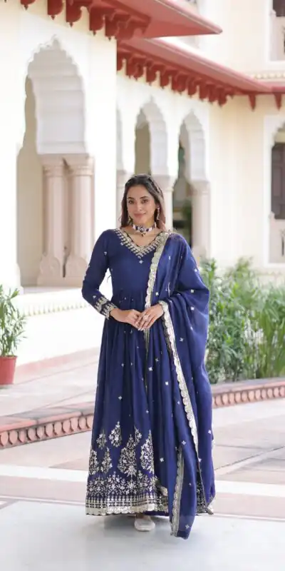 KA 1214 Blue Vichitra Silk Gown Perfect for Wedding, Party, Lohri, Onam, Festival Celebrations – . Grab it for ₹2449. Delivery 4-6 Working Days. | Bollywood Gowns, Creative Gowns, Designer Gowns, Embroidered Gowns, Gowns, Party Wear Gowns