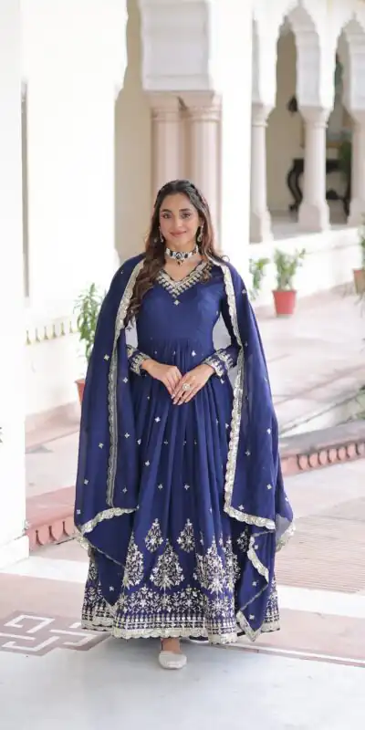 KA 1214 Blue Vichitra Silk Gown Perfect for Wedding, Party, Lohri, Onam, Festival Celebrations – . Grab it for ₹2449. Delivery 4-6 Working Days. | Bollywood Gowns, Creative Gowns, Designer Gowns, Embroidered Gowns, Gowns, Party Wear Gowns