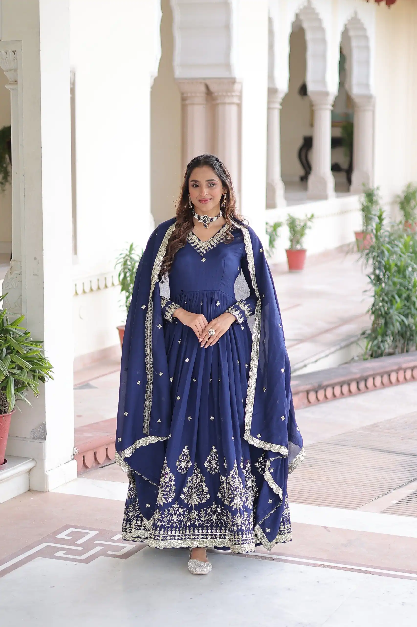 KA 1214 Blue Vichitra Silk Gown Perfect for Wedding, Party, Lohri, Onam, Festival Celebrations – . Grab it for ₹2449. Delivery 4-6 Working Days. | Bollywood Gowns, Creative Gowns, Designer Gowns, Embroidered Gowns, Gowns, Party Wear Gowns