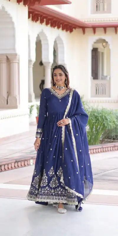 KA 1214 Blue Vichitra Silk Gown Perfect for Wedding, Party, Lohri, Onam, Festival Celebrations – . Grab it for ₹2449. Delivery 4-6 Working Days. | Bollywood Gowns, Creative Gowns, Designer Gowns, Embroidered Gowns, Gowns, Party Wear Gowns
