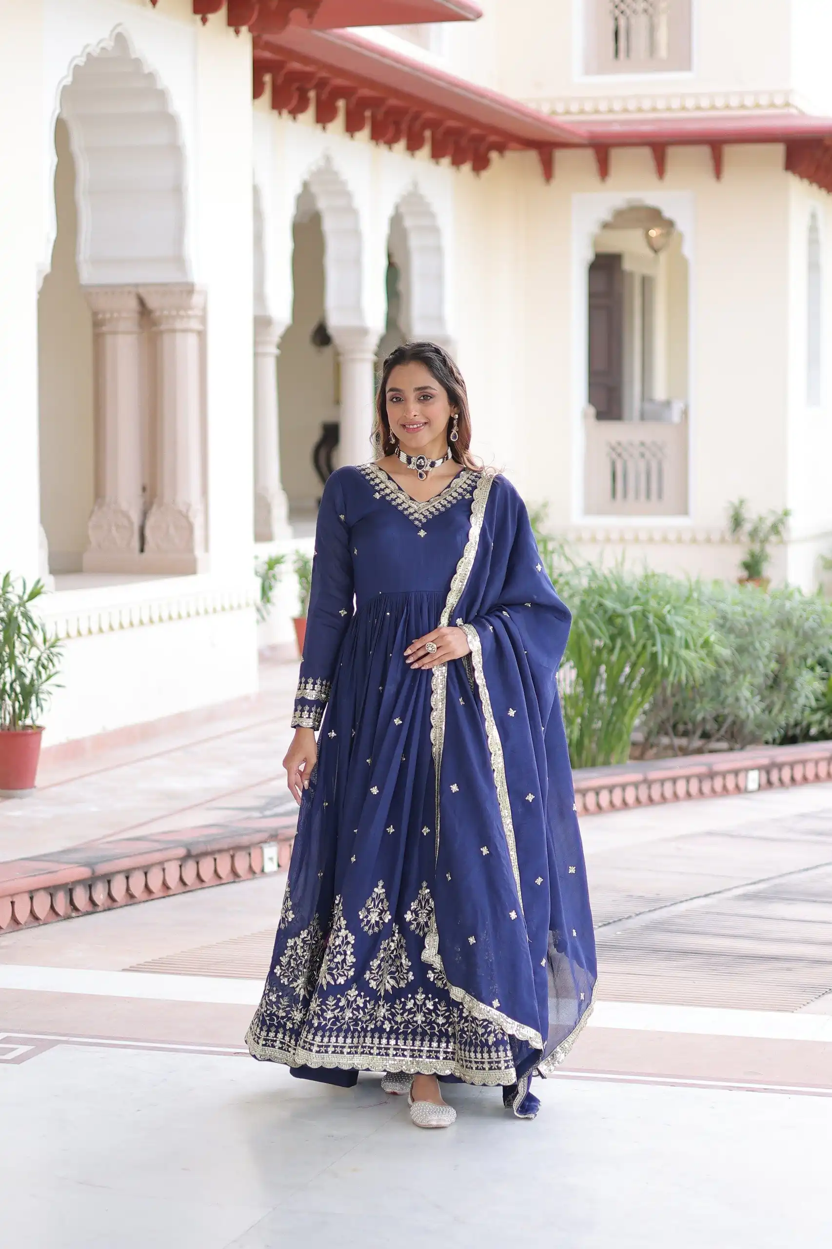 KA 1214 Blue Vichitra Silk Gown Perfect for Wedding, Party, Lohri, Onam, Festival Celebrations – . Grab it for ₹2449. Delivery 4-6 Working Days. | Bollywood Gowns, Creative Gowns, Designer Gowns, Embroidered Gowns, Gowns, Party Wear Gowns