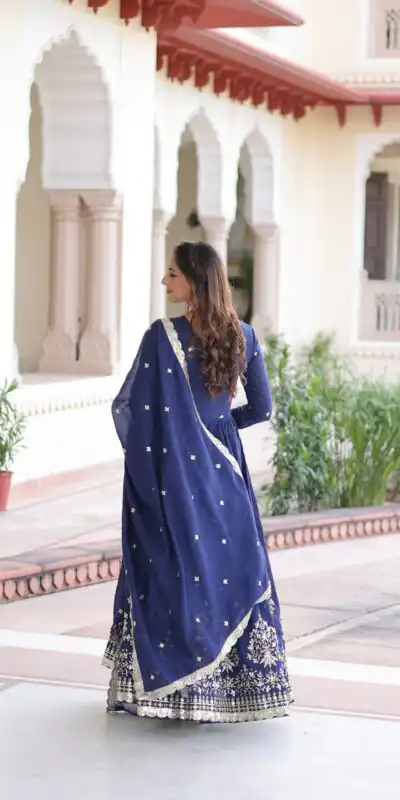 KA 1214 Blue Vichitra Silk Gown Perfect for Wedding, Party, Lohri, Onam, Festival Celebrations – . Grab it for ₹2449. Delivery 4-6 Working Days. | Bollywood Gowns, Creative Gowns, Designer Gowns, Embroidered Gowns, Gowns, Party Wear Gowns