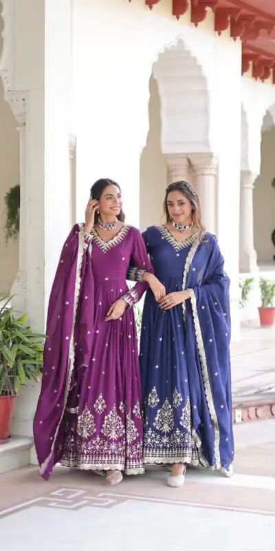 KA 1214 Blue Vichitra Silk Gown Perfect for Wedding, Party, Lohri, Onam, Festival Celebrations – . Grab it for ₹2449. Delivery 4-6 Working Days. | Bollywood Gowns, Creative Gowns, Designer Gowns, Embroidered Gowns, Gowns, Party Wear Gowns