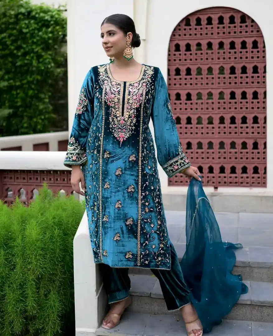 AD 184 Blue Viscose Velvet Salwar Suit with Embroidery Work. Introductory Price ₹2149. Delivery 4-6 Working Days. Shop now. | Casual Suits, Jump Suits, Tops & Bottoms, Track Suits, Trendy Wear, Creative suits, Designer Suits, Palazzo Suits, Party Wear Suits, Patiala Suits, Salwar suit, Straight Suits