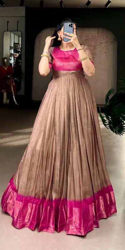 YNF 5012 Brown Mass Mello Gown with Zari Work. Available at ₹1799 only. Wedding, Party, Festive, Events Delivery 4-6 Working Days. Shop now. | Bollywood Gowns, Creative Gowns, Designer Gowns, Embroidered Gowns, Gowns, Party Wear Gowns