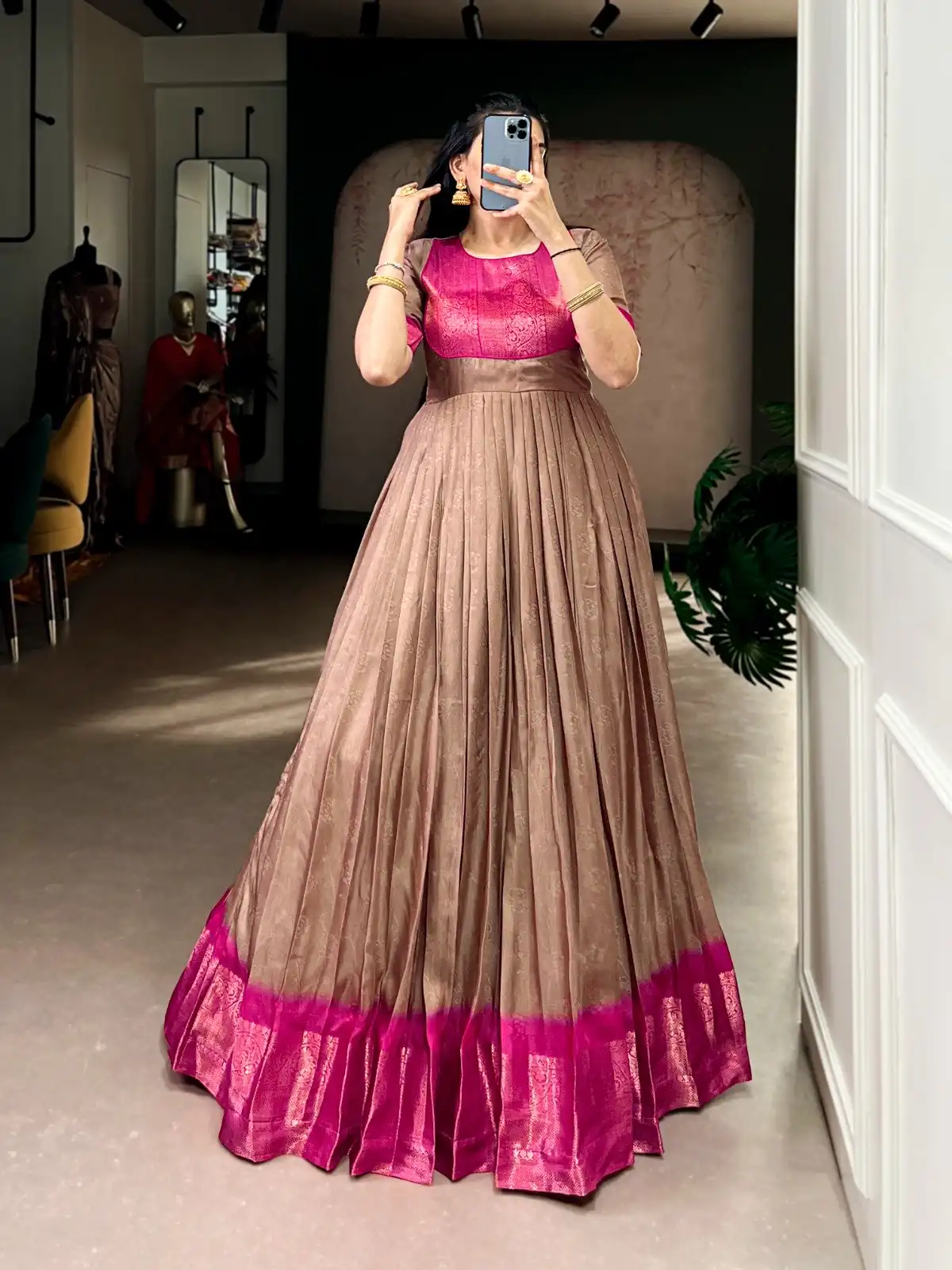 YNF 5012 Brown Mass Mello Gown with Zari Work. Available at ₹1799 only. Wedding, Party, Festive, Events Delivery 4-6 Working Days. Shop now. | Bollywood Gowns, Creative Gowns, Designer Gowns, Embroidered Gowns, Gowns, Party Wear Gowns