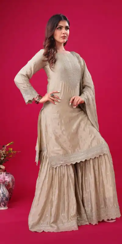 ZF 5006 Cream Color Chinon Silk Sequence Work Salwar Suit Casual, Wedding, Festive, Events . Expected Delivery  4-6 Working Days @2149/- only      | Casual Suits, Jump Suits, Creative suits, Designer Suits, Palazzo Suits, Party Wear Suits, Patiala Suits, Salwar suit, Straight Suits