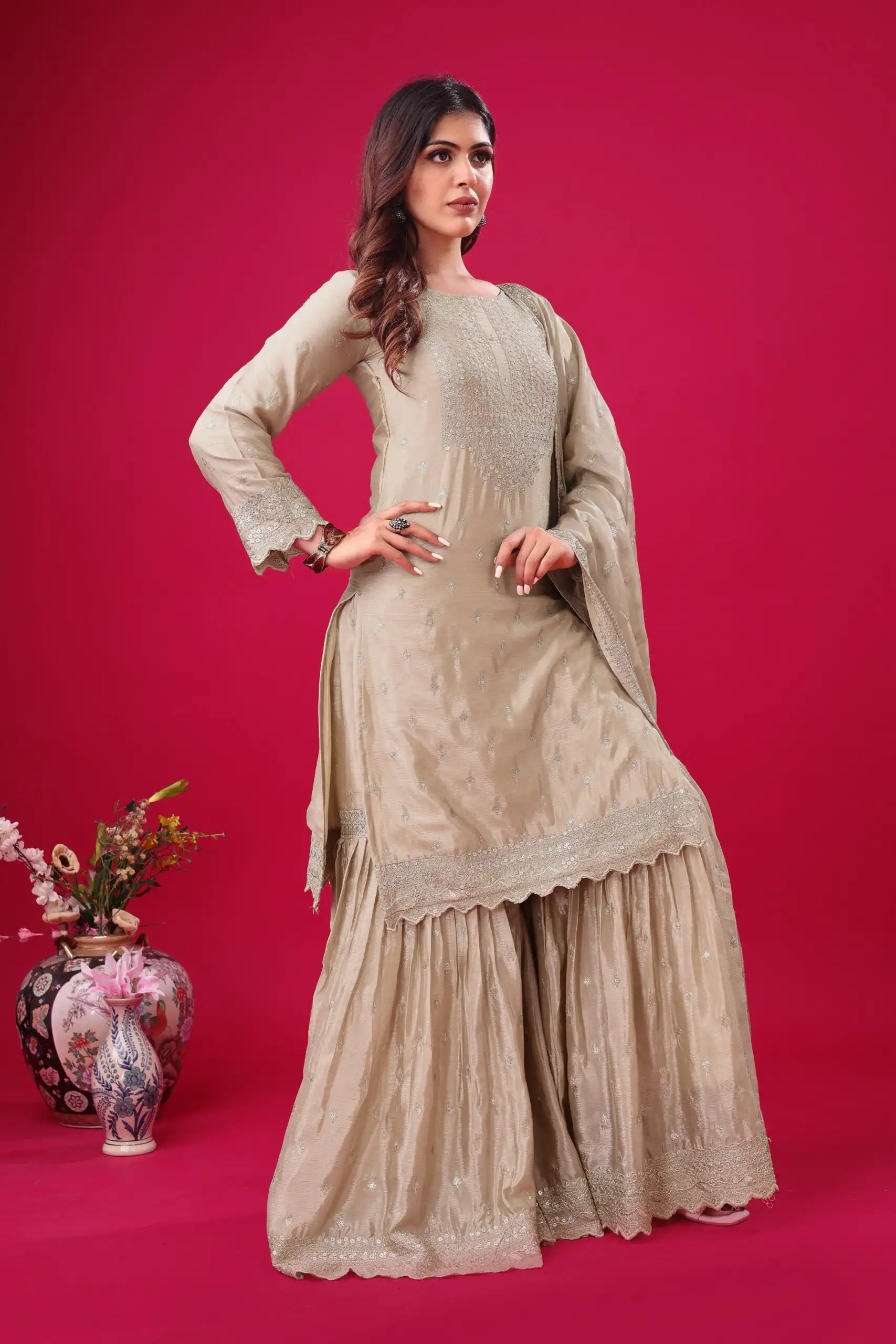 ZF 5006 Cream Color Chinon Silk Sequence Work Salwar Suit Casual, Wedding, Festive, Events . Expected Delivery  4-6 Working Days @2149/- only      | Casual Suits, Jump Suits, Creative suits, Designer Suits, Palazzo Suits, Party Wear Suits, Patiala Suits, Salwar suit, Straight Suits