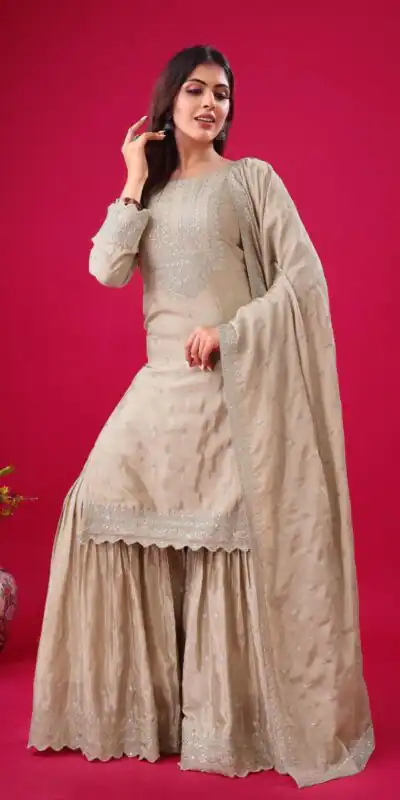 ZF 5006 Cream Color Chinon Silk Sequence Work Salwar Suit Casual, Wedding, Festive, Events . Expected Delivery  4-6 Working Days @2149/- only      | Casual Suits, Jump Suits, Creative suits, Designer Suits, Palazzo Suits, Party Wear Suits, Patiala Suits, Salwar suit, Straight Suits