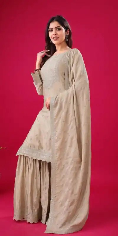 ZF 5006 Cream Color Chinon Silk Sequence Work Salwar Suit Casual, Wedding, Festive, Events . Expected Delivery  4-6 Working Days @2149/- only      | Casual Suits, Jump Suits, Creative suits, Designer Suits, Palazzo Suits, Party Wear Suits, Patiala Suits, Salwar suit, Straight Suits
