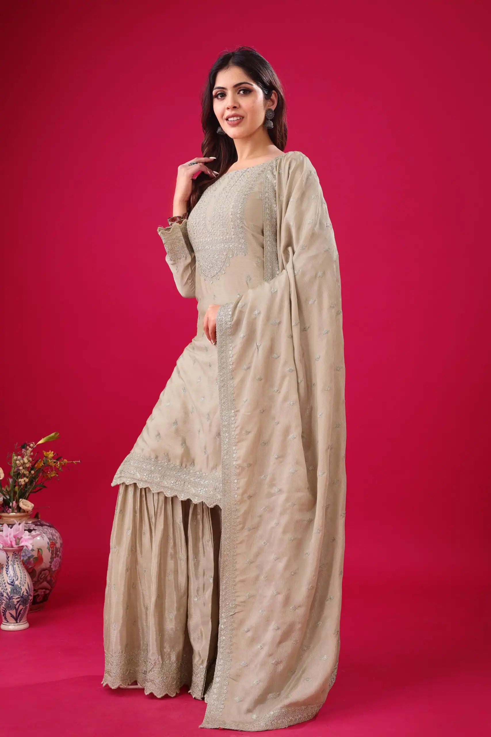 ZF 5006 Cream Color Chinon Silk Sequence Work Salwar Suit Casual, Wedding, Festive, Events . Expected Delivery  4-6 Working Days @2149/- only      | Casual Suits, Jump Suits, Creative suits, Designer Suits, Palazzo Suits, Party Wear Suits, Patiala Suits, Salwar suit, Straight Suits