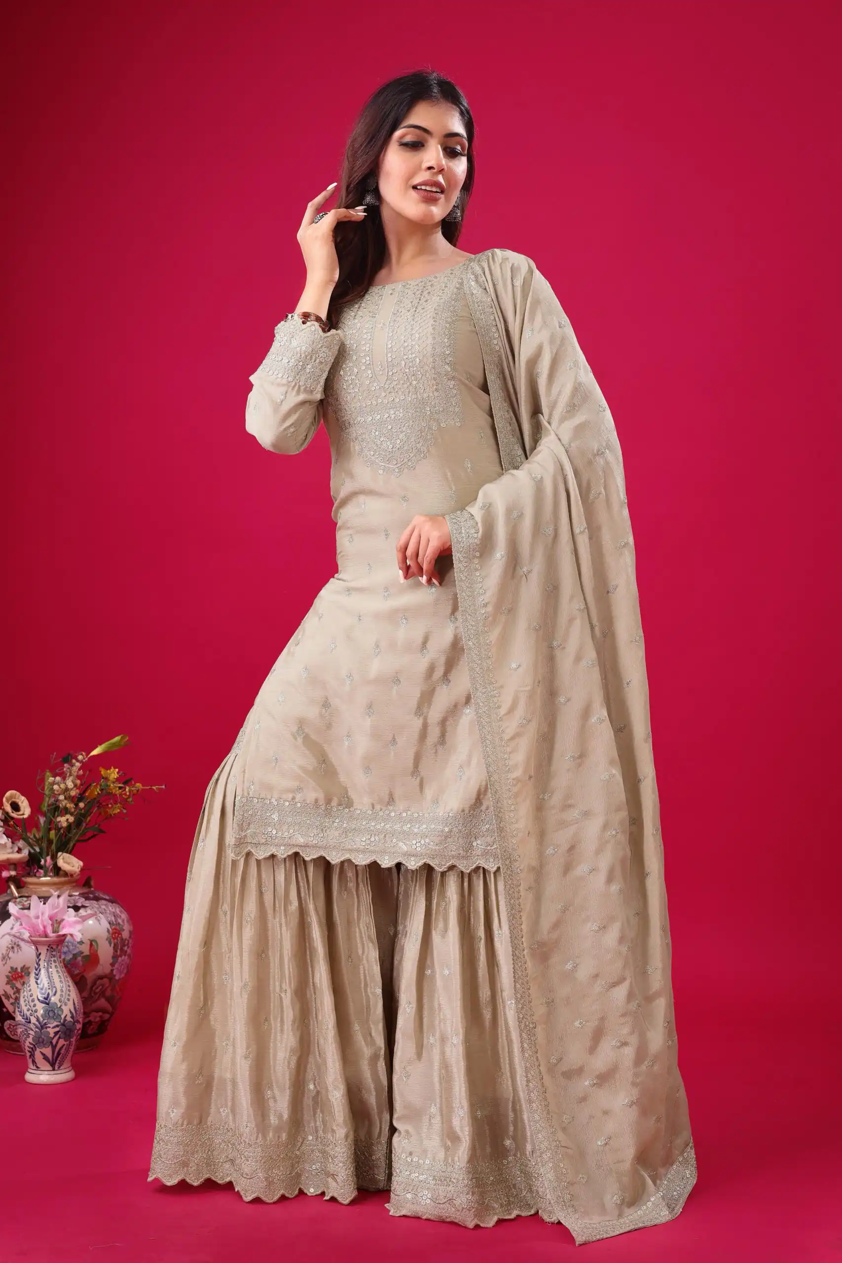 ZF 5006 Cream Color Chinon Silk Sequence Work Salwar Suit Casual, Wedding, Festive, Events . Expected Delivery  4-6 Working Days @2149/- only      | Casual Suits, Jump Suits, Creative suits, Designer Suits, Palazzo Suits, Party Wear Suits, Patiala Suits, Salwar suit, Straight Suits