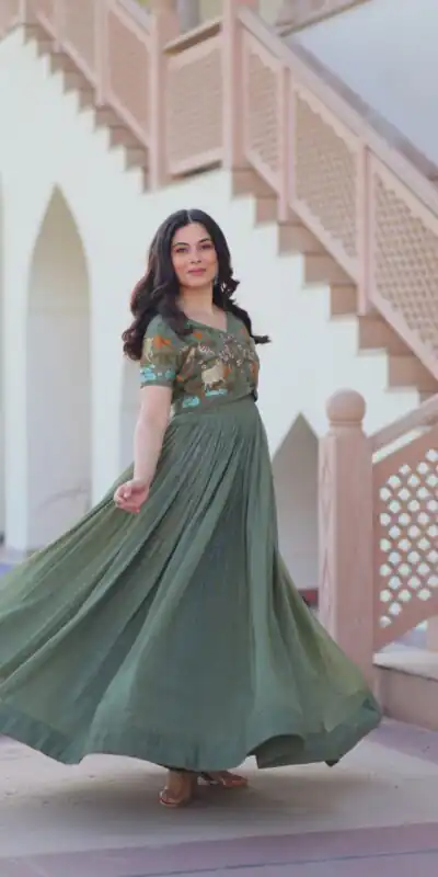 KA 1170 Dark Pista Color Silver Crunchy Gown with Embroidery Work. Introductory Price ₹1799. Delivery 4-6 Working Days. Shop now. | Bollywood Gowns, Creative Gowns, Designer Gowns, Embroidered Gowns, Gowns, Party Wear Gowns