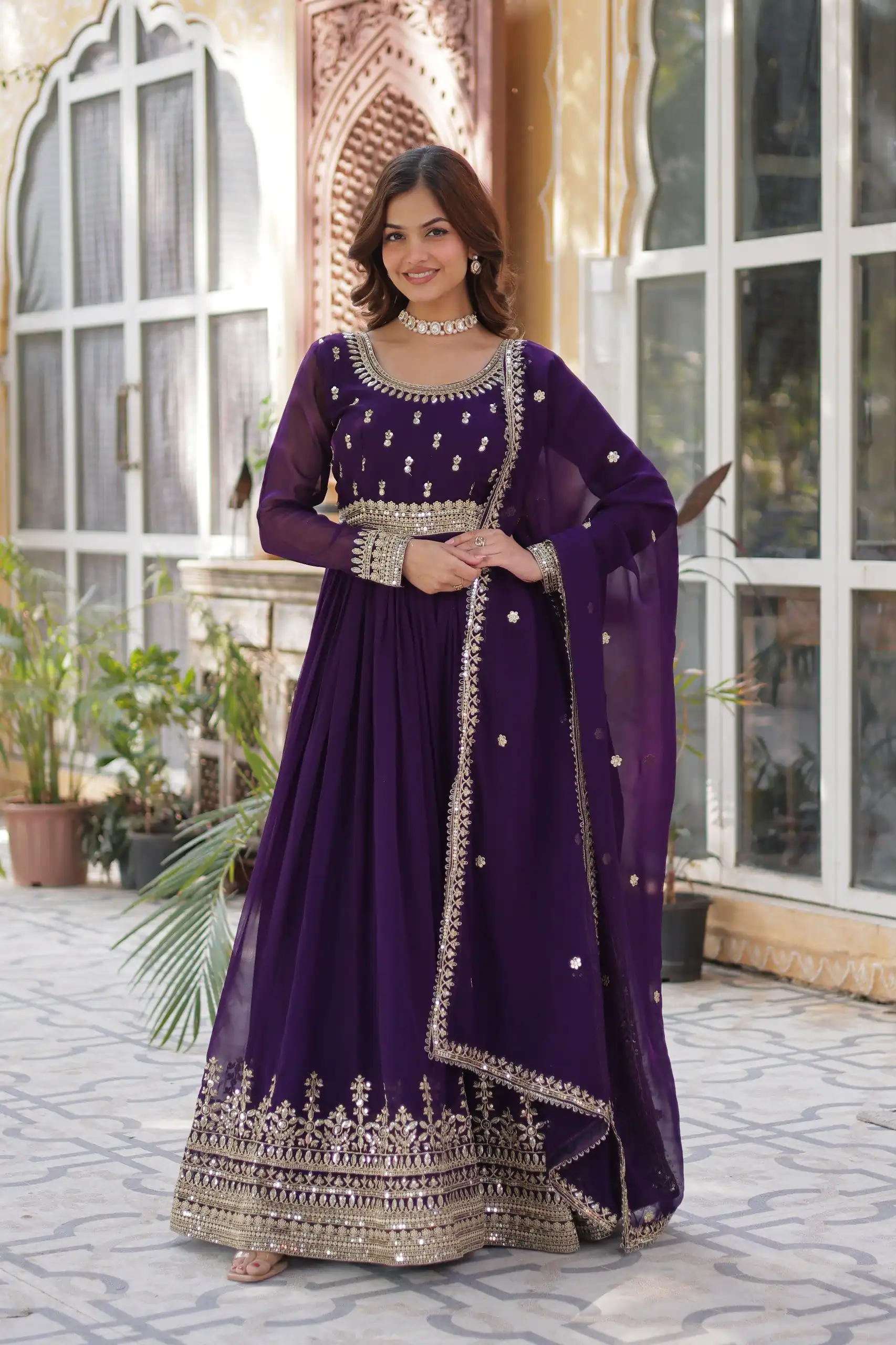 KA 1144 Dark Purple Faux Blooming Gown with Embroidery Work & Zari Work. Exclusive Offer ₹2449. Delivery 4-6 Working Days. Shop now. | Bollywood Gowns, Creative Gowns, Designer Gowns, Embroidered Gowns, Gowns, Party Wear Gowns