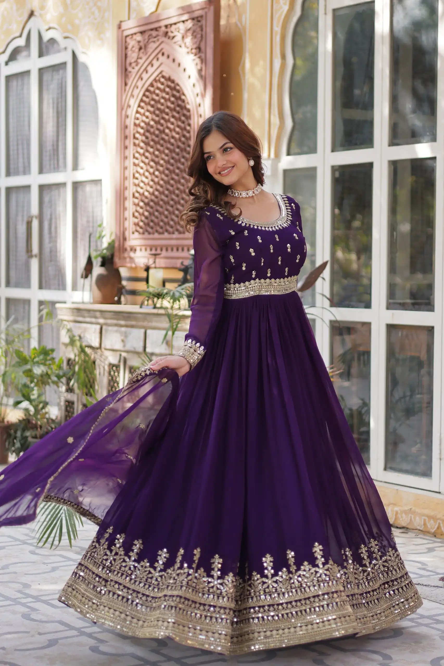 KA 1144 Dark Purple Faux Blooming Gown with Embroidery Work & Zari Work. Exclusive Offer ₹2449. Delivery 4-6 Working Days. Shop now. | Bollywood Gowns, Creative Gowns, Designer Gowns, Embroidered Gowns, Gowns, Party Wear Gowns