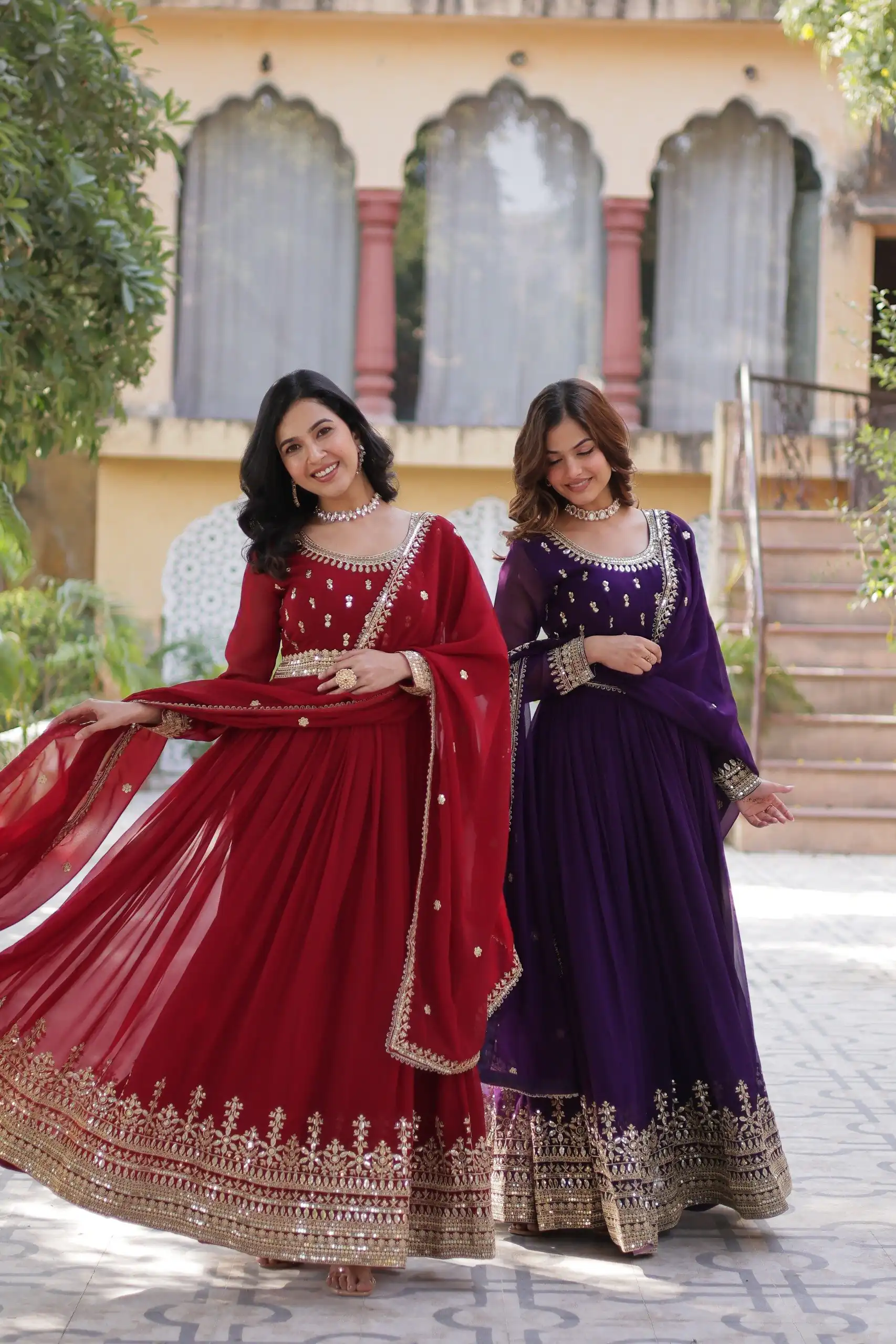 KA 1144 Dark Purple Faux Blooming Gown with Embroidery Work & Zari Work. Exclusive Offer ₹2449. Delivery 4-6 Working Days. Shop now. | Bollywood Gowns, Creative Gowns, Designer Gowns, Embroidered Gowns, Gowns, Party Wear Gowns