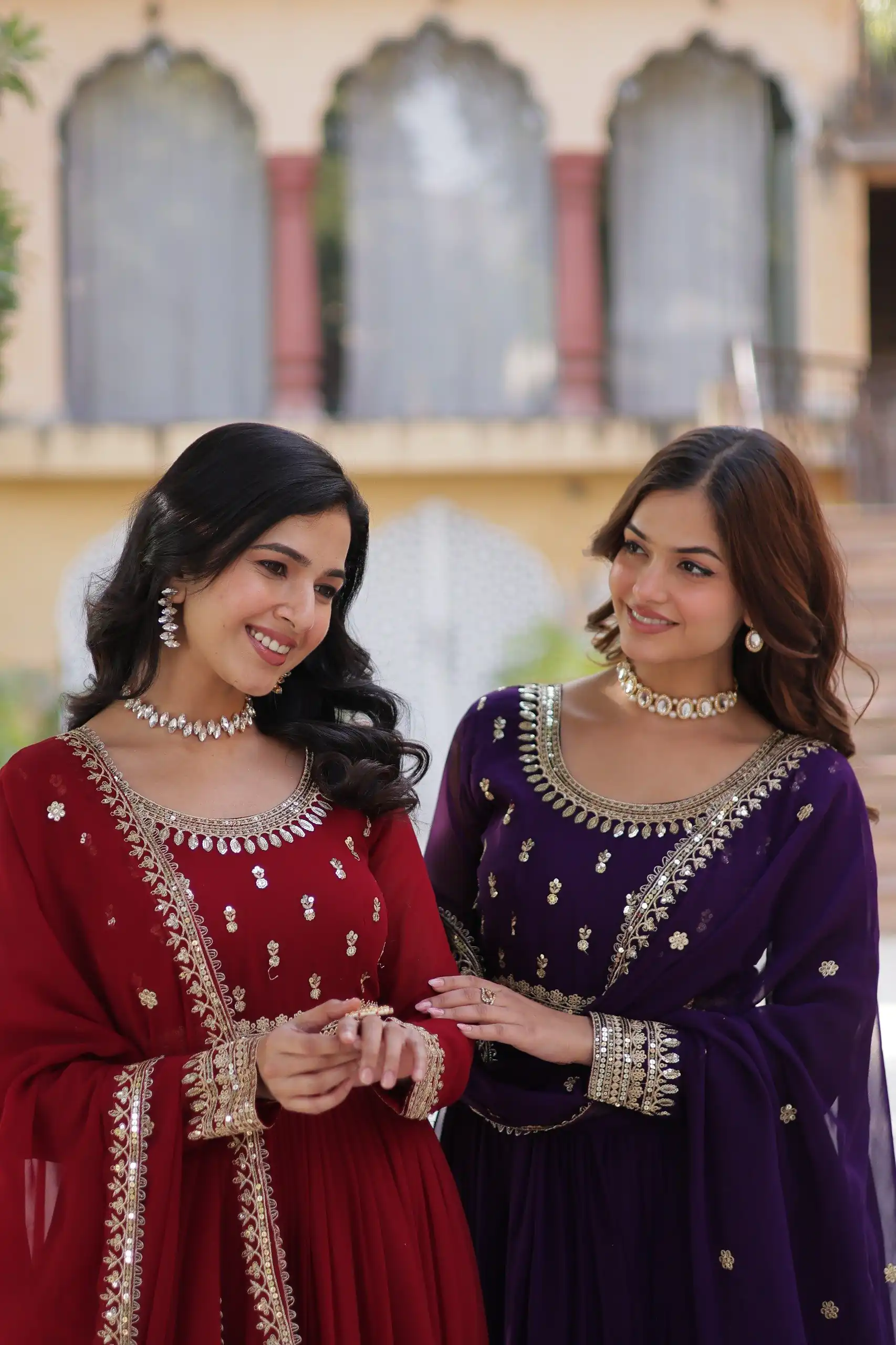 KA 1144 Dark Purple Faux Blooming Gown with Embroidery Work & Zari Work. Exclusive Offer ₹2449. Delivery 4-6 Working Days. Shop now. | Bollywood Gowns, Creative Gowns, Designer Gowns, Embroidered Gowns, Gowns, Party Wear Gowns