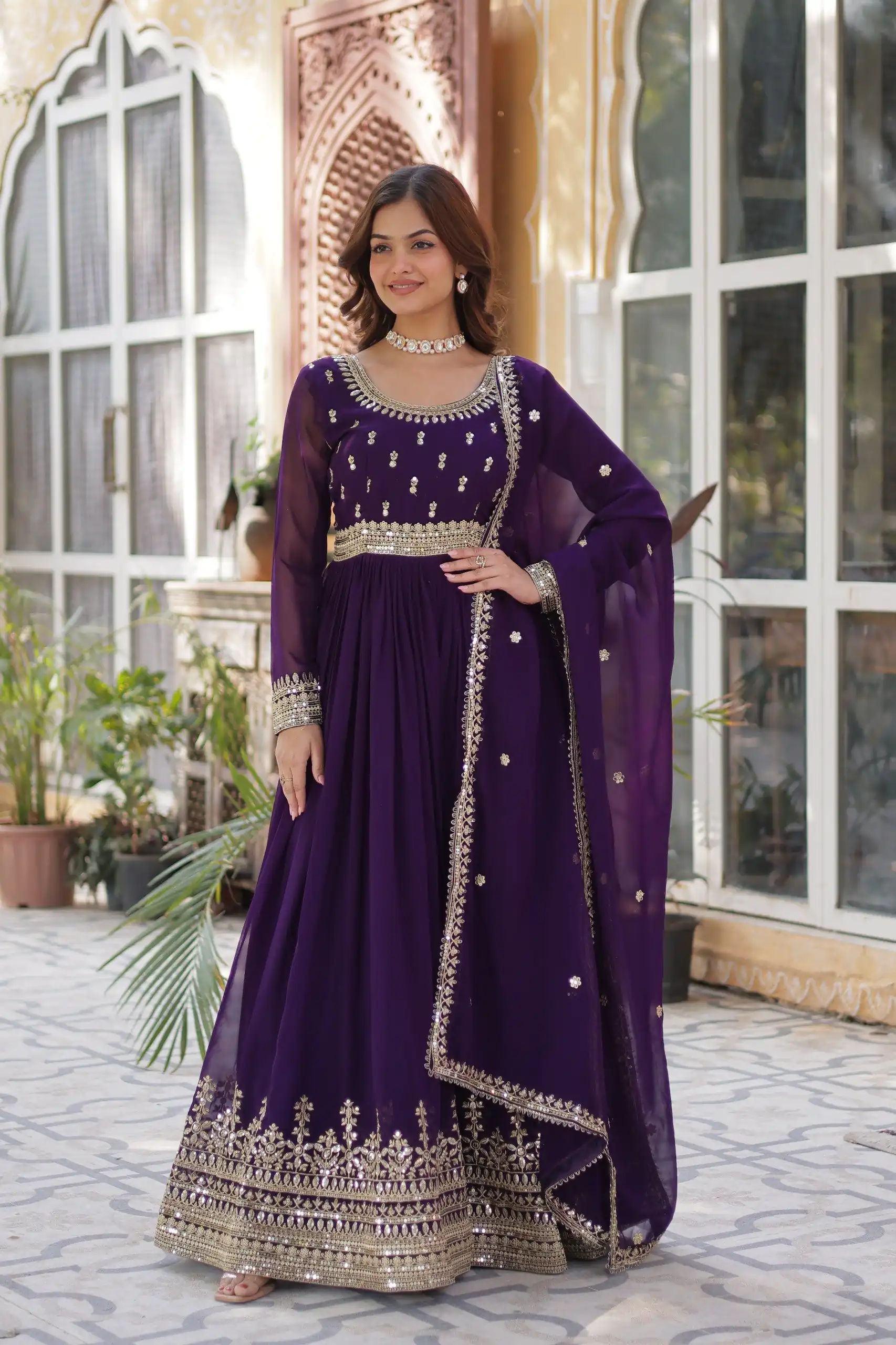 KA 1144 Dark Purple Faux Blooming Gown with Embroidery Work & Zari Work. Exclusive Offer ₹2449. Delivery 4-6 Working Days. Shop now. | Bollywood Gowns, Creative Gowns, Designer Gowns, Embroidered Gowns, Gowns, Party Wear Gowns