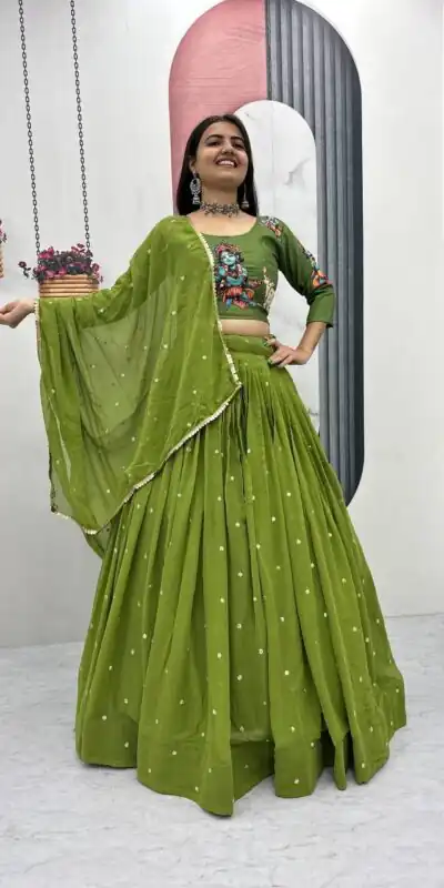 PC 541 Green Cotton Lehenga Choli with Kalamkari Print & Embroidery Work. Introductory Price ₹2099. Delivery 4-6 Working Days. Shop now. | Bollywood Lehenga, Creative Lehenga, Designer Lehenga, Embroidered Lehenga, Lehenga, Party Wear Lehenga