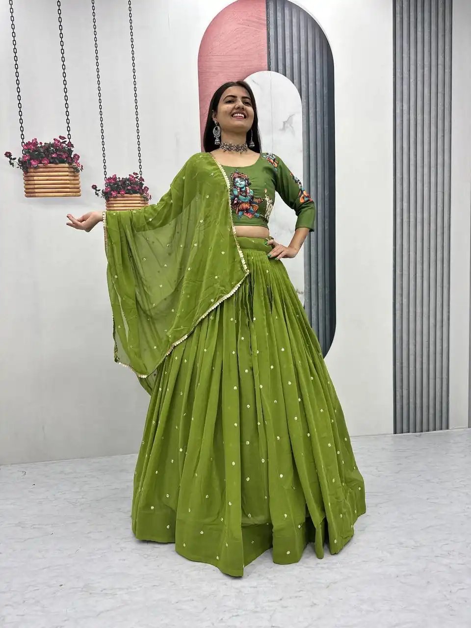 PC 541 Green Cotton Lehenga Choli with Kalamkari Print & Embroidery Work. Introductory Price ₹2099. Delivery 4-6 Working Days. Shop now. | Bollywood Lehenga, Creative Lehenga, Designer Lehenga, Embroidered Lehenga, Lehenga, Party Wear Lehenga
