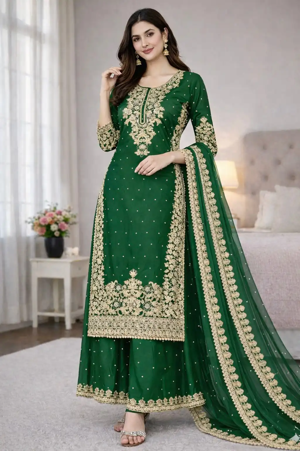 SSR 535 Green in Organza Silk Embroidery Work Salwar Suit . Available at ₹2399 only. Delivery 4-6 Working Days. Shop now. | Casual Suits, Jump Suits, Tops & Bottoms, Track Suits, Trendy Wear, Creative suits, Designer Suits, Palazzo Suits, Party Wear Suits, Patiala Suits, Salwar suit, Straight Suits