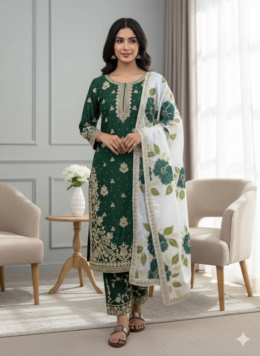 SRK 5315 Green Organza SILK Salwar Suit Perfect for Wedding, Party, Lohri, Ethnic Day, Eid – . Affordable Price ₹2499. Delivery 4-6 Working Days. | Casual Suits, Jump Suits, Tops & Bottoms, Track Suits, Trendy Wear, Creative suits, Designer Suits, Palazzo Suits, Party Wear Suits, Patiala Suits, Salwar suit, Straight Suits