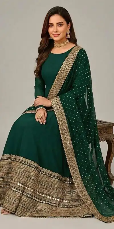 ZSR 3152 Green Color Roman silk Gown with Embroidery Work & Lace Work. Grab it for ₹2599. Delivery 4-6 Working Days. Shop now. | Bollywood Gowns, Creative Gowns, Designer Gowns, Embroidered Gowns, Gowns, Party Wear Gowns