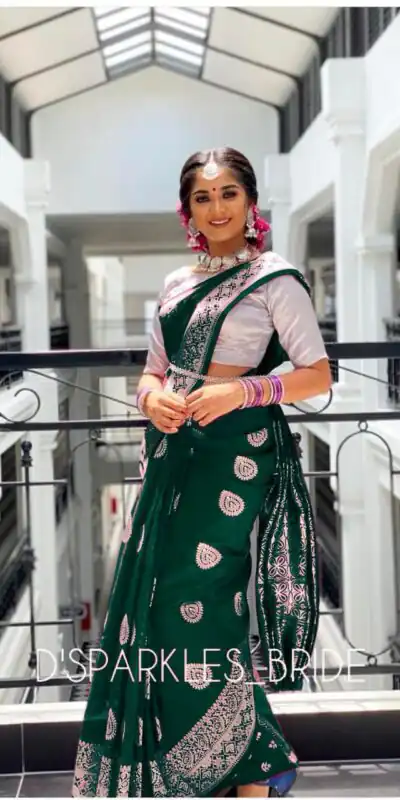 Green Soft Lichi Silk Lace Work Border Saree