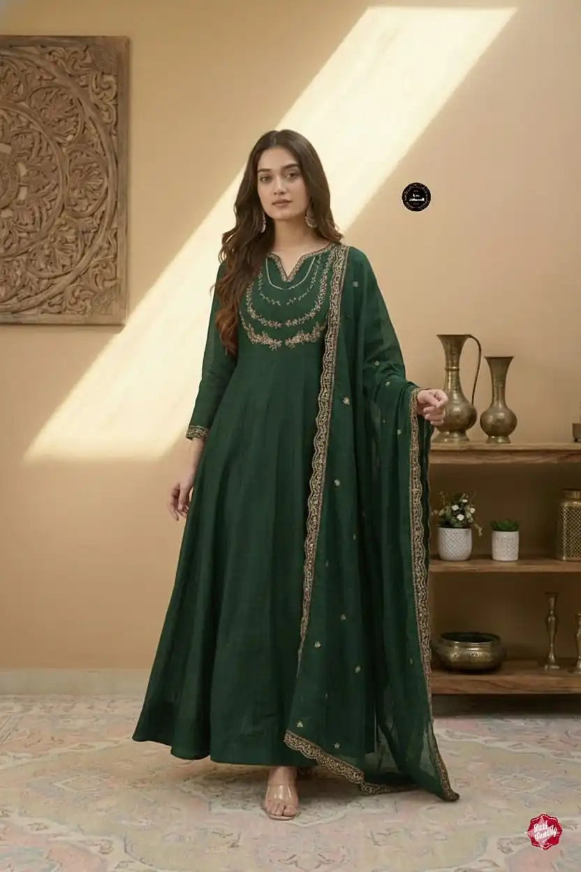 MF 912 Green Color Vichitra Silk Gown with Sequence Work Designer Work. Get it for ₹1799. Delivery 4-6 Working Days. Shop now. | Bollywood Gowns, Creative Gowns, Designer Gowns, Embroidered Gowns, Gowns, Party Wear Gowns