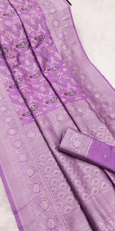 MB 113 Lavender Khaddi Pashmina Saree with Lace Work & Zari Work. Introductory Price ₹1949. Delivery 4-6 Working Days. Shop now. | Creative Sarees, Embroidered Sarees, Bollywood Sarees, Designer Sarees, Ethnic Saree, Modern Digital sarees, Party Wear Sarees, Sarees