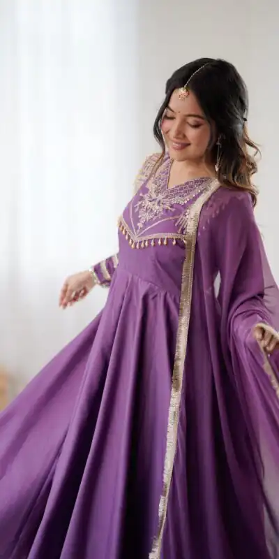 ZSR 3149 Lavender Roman silk Gown Perfect for Wedding, Party, Sangeet, Haldi, Lohri – . Introductory Price ₹2099. Delivery 4-6 Working Days. Shop now. | Bollywood Gowns, Creative Gowns, Designer Gowns, Embroidered Gowns, Gowns, Party Wear Gowns