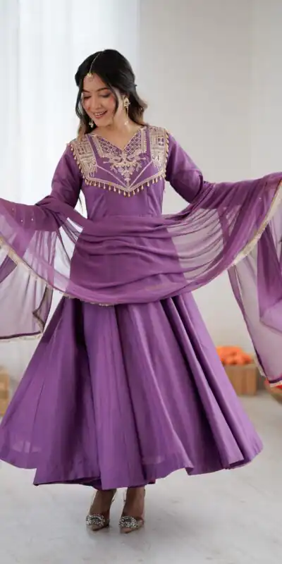 ZSR 3149 Lavender Roman silk Gown Perfect for Wedding, Party, Sangeet, Haldi, Lohri – . Introductory Price ₹2099. Delivery 4-6 Working Days. Shop now. | Bollywood Gowns, Creative Gowns, Designer Gowns, Embroidered Gowns, Gowns, Party Wear Gowns