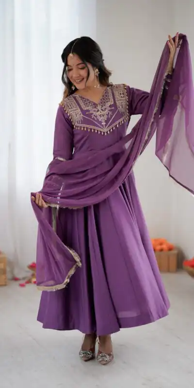 ZSR 3149 Lavender Roman silk Gown Perfect for Wedding, Party, Sangeet, Haldi, Lohri – . Introductory Price ₹2099. Delivery 4-6 Working Days. Shop now. | Bollywood Gowns, Creative Gowns, Designer Gowns, Embroidered Gowns, Gowns, Party Wear Gowns