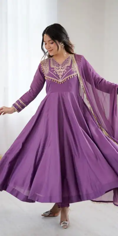 ZSR 3149 Lavender Roman silk Gown Perfect for Wedding, Party, Sangeet, Haldi, Lohri – . Introductory Price ₹2099. Delivery 4-6 Working Days. Shop now. | Bollywood Gowns, Creative Gowns, Designer Gowns, Embroidered Gowns, Gowns, Party Wear Gowns