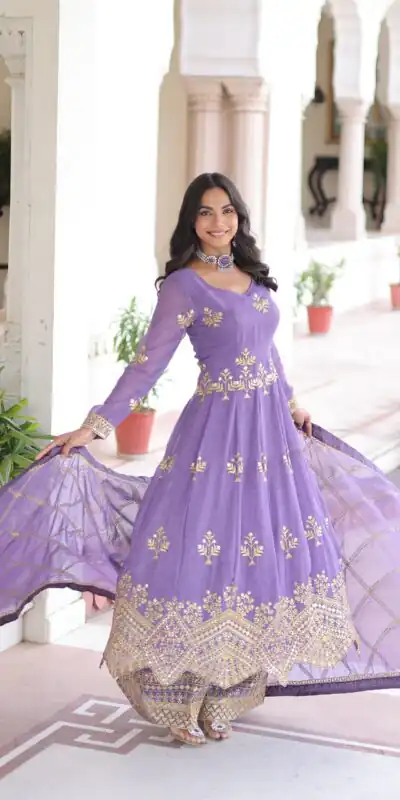 KA 1212 Lavender in Silver Crunchy Sequins Work & Embroidery Work Gown . Now at just ₹3199. Delivery 4-6 Working Days. Shop now. | Bollywood Gowns, Creative Gowns, Designer Gowns, Embroidered Gowns, Gowns, Party Wear Gowns