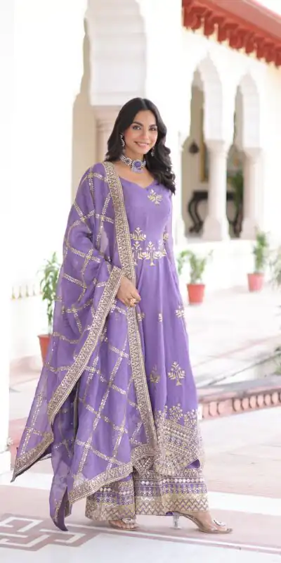KA 1212 Lavender in Silver Crunchy Sequins Work & Embroidery Work Gown . Now at just ₹3199. Delivery 4-6 Working Days. Shop now. | Bollywood Gowns, Creative Gowns, Designer Gowns, Embroidered Gowns, Gowns, Party Wear Gowns