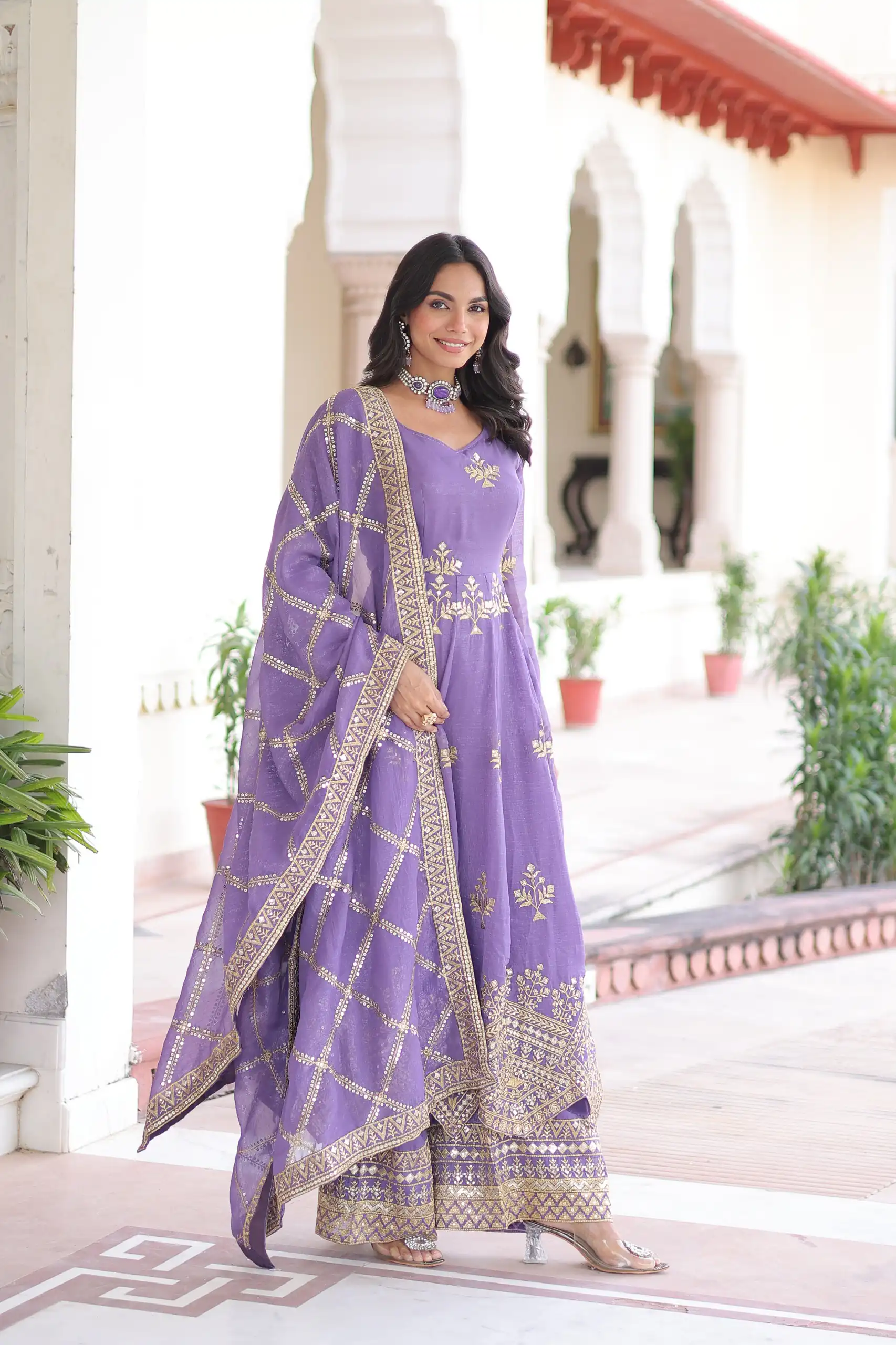 KA 1212 Lavender in Silver Crunchy Sequins Work & Embroidery Work Gown . Now at just ₹3199. Delivery 4-6 Working Days. Shop now. | Bollywood Gowns, Creative Gowns, Designer Gowns, Embroidered Gowns, Gowns, Party Wear Gowns