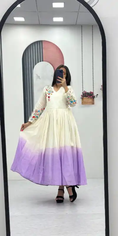 PC 526 Lavender Soft Cotton Gown with Embroidery Work. Wedding, Party, Festive, Events, Best Price ₹1749. Delivery 4-6 Working Days. Shop now. | Bollywood Gowns, Creative Gowns, Designer Gowns, Embroidered Gowns, Gowns, Party Wear Gowns