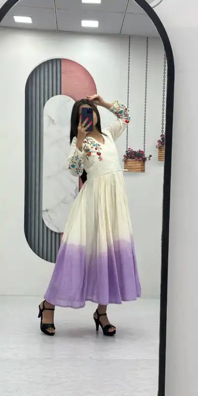 PC 526 Lavender Soft Cotton Gown with Embroidery Work. Wedding, Party, Festive, Events, Best Price ₹1749. Delivery 4-6 Working Days. Shop now. | Bollywood Gowns, Creative Gowns, Designer Gowns, Embroidered Gowns, Gowns, Party Wear Gowns