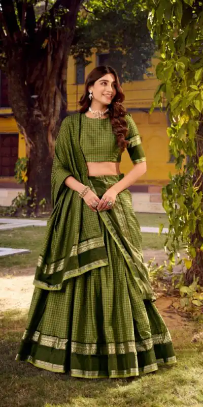 LNB 1900 Mahendi Color Chettinad Cotton Chex Zari Work Lehenga Choli . Now at just ₹3249. Delivery 4-6 Working Days. Shop now. | Bollywood Lehenga, Creative Lehenga, Designer Lehenga, Embroidered Lehenga, Lehenga, Party Wear Lehenga