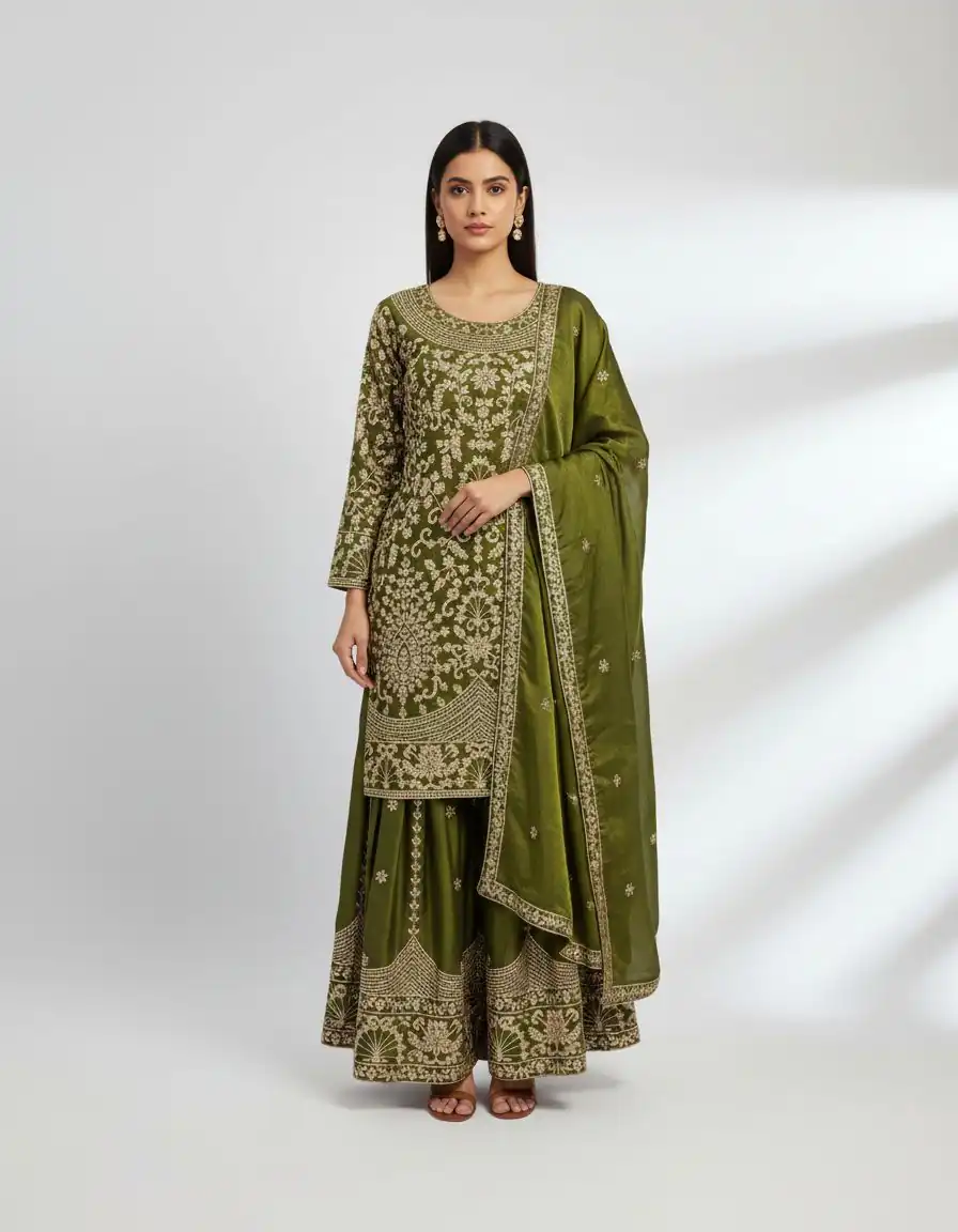 SR 1697 Mahendi Color Organza Silk Salwar Suit with Embroidery Work. Festive Deal ₹2549. Delivery 4-6 Working Days. Shop now. | Casual Suits, Jump Suits, Tops & Bottoms, Track Suits, Trendy Wear, Creative suits, Designer Suits, Palazzo Suits, Party Wear Suits, Patiala Suits, Salwar suit, Straight Suits