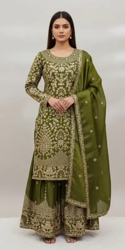 SR 1697 Mahendi Color Organza Silk Salwar Suit with Embroidery Work. Festive Deal ₹2549. Delivery 4-6 Working Days. Shop now. | Casual Suits, Jump Suits, Tops & Bottoms, Track Suits, Trendy Wear, Creative suits, Designer Suits, Palazzo Suits, Party Wear Suits, Patiala Suits, Salwar suit, Straight Suits