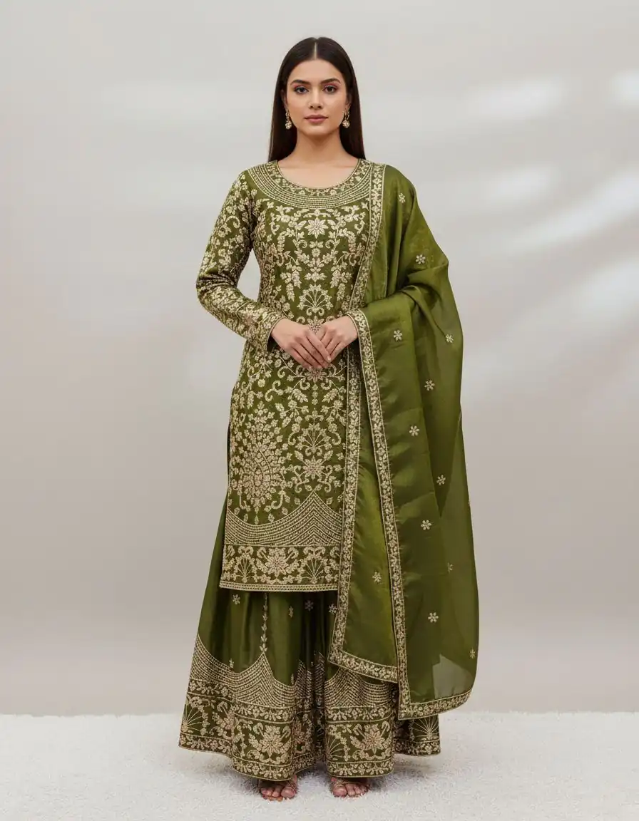 SR 1697 Mahendi Color Organza Silk Salwar Suit with Embroidery Work. Festive Deal ₹2549. Delivery 4-6 Working Days. Shop now. | Casual Suits, Jump Suits, Tops & Bottoms, Track Suits, Trendy Wear, Creative suits, Designer Suits, Palazzo Suits, Party Wear Suits, Patiala Suits, Salwar suit, Straight Suits