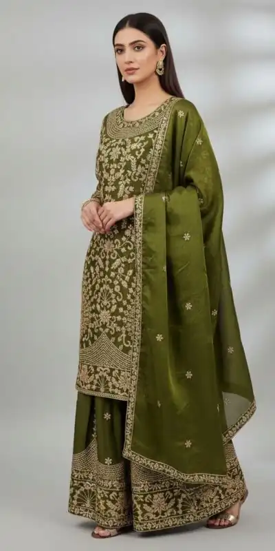 SR 1697 Mahendi Color Organza Silk Salwar Suit with Embroidery Work. Festive Deal ₹2549. Delivery 4-6 Working Days. Shop now. | Casual Suits, Jump Suits, Tops & Bottoms, Track Suits, Trendy Wear, Creative suits, Designer Suits, Palazzo Suits, Party Wear Suits, Patiala Suits, Salwar suit, Straight Suits