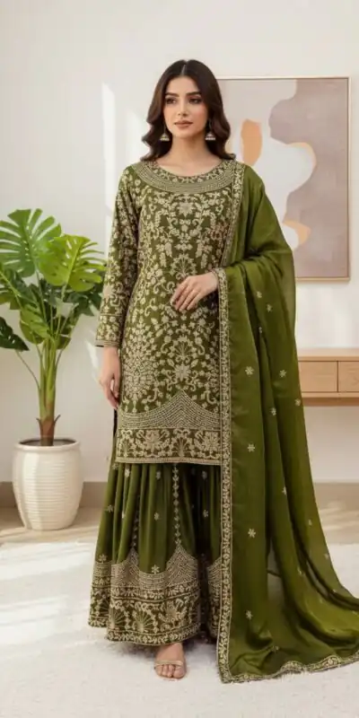 SR 1697 Mahendi Color Organza Silk Salwar Suit with Embroidery Work. Festive Deal ₹2549. Delivery 4-6 Working Days. Shop now. | Casual Suits, Jump Suits, Tops & Bottoms, Track Suits, Trendy Wear, Creative suits, Designer Suits, Palazzo Suits, Party Wear Suits, Patiala Suits, Salwar suit, Straight Suits