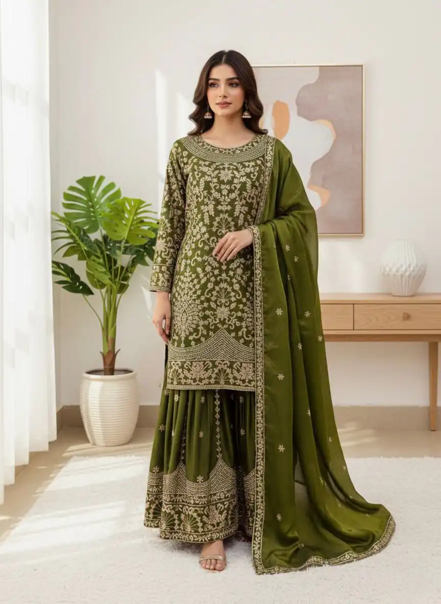 SR 1697 Mahendi Color Organza Silk Salwar Suit with Embroidery Work. Festive Deal ₹2549. Delivery 4-6 Working Days. Shop now. | Casual Suits, Jump Suits, Tops & Bottoms, Track Suits, Trendy Wear, Creative suits, Designer Suits, Palazzo Suits, Party Wear Suits, Patiala Suits, Salwar suit, Straight Suits
