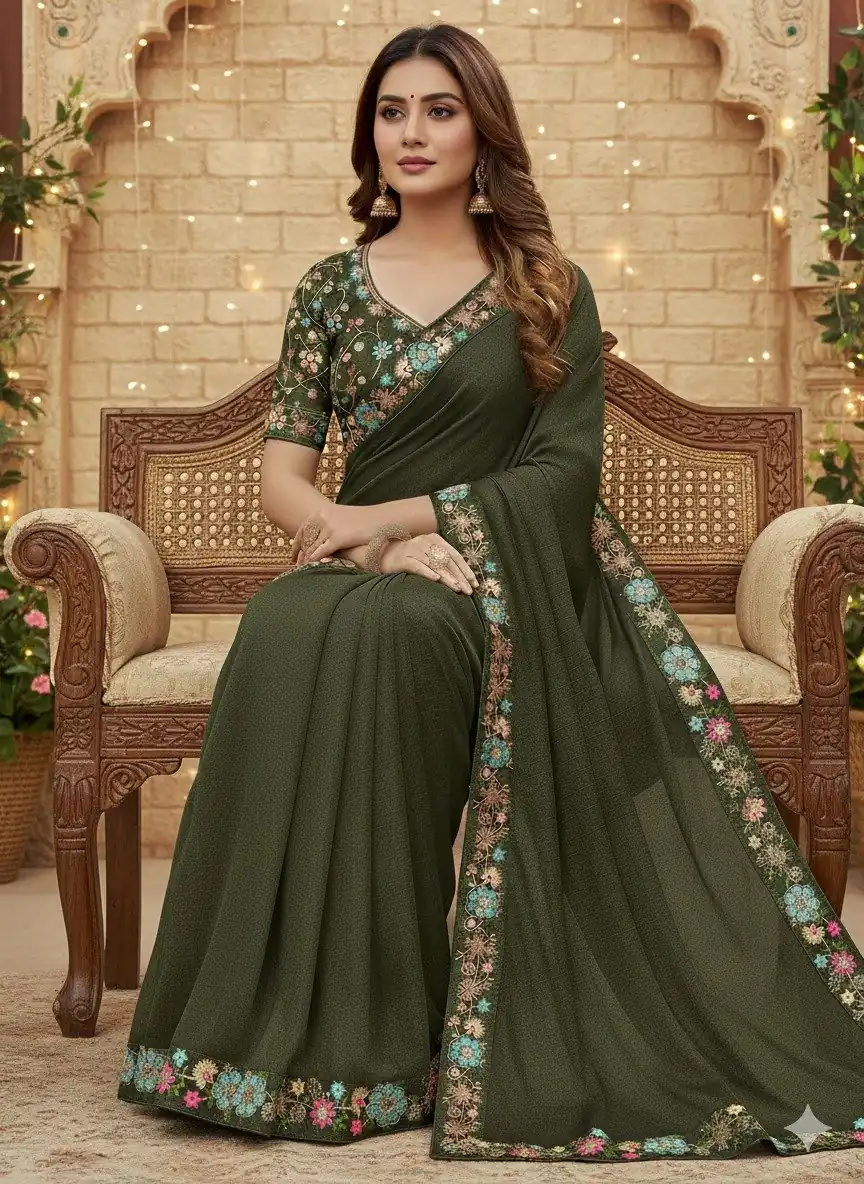 JR 658 Mahendi in Color Star Georgette ace Work & Embroidery Work Saree . Now at just ₹1699. Delivery 4-6 Working Days. Shop now. | Creative Sarees, Embroidered Sarees, Bollywood Sarees, Designer Sarees, Ethnic Saree, Modern Digital sarees, Party Wear Sarees, Sarees
