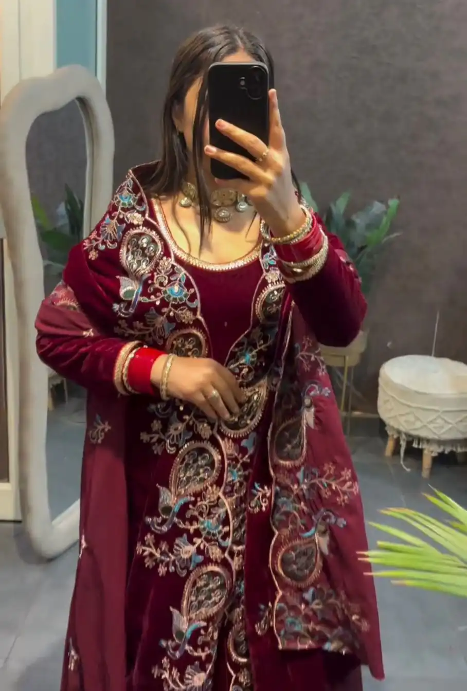 ST 1148 Maroon 9000 Velvet Salwar Suit with Embroidery Work & Lace Work. Get it for ₹2449. Delivery 4-6 Working Days. Shop now. | Casual Suits, Jump Suits, Tops & Bottoms, Track Suits, Trendy Wear, Creative suits, Designer Suits, Palazzo Suits, Party Wear Suits, Patiala Suits, Salwar suit, Straight Suits